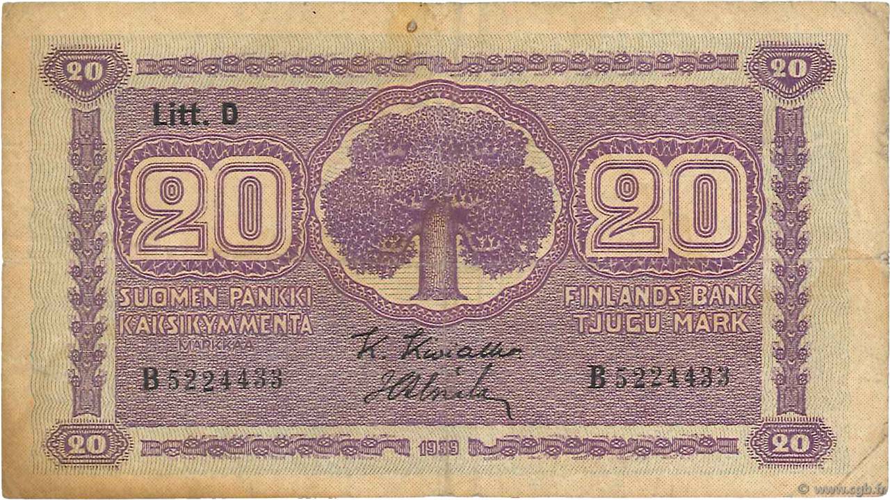 20 Markkaa FINLAND  1939 P.071a F