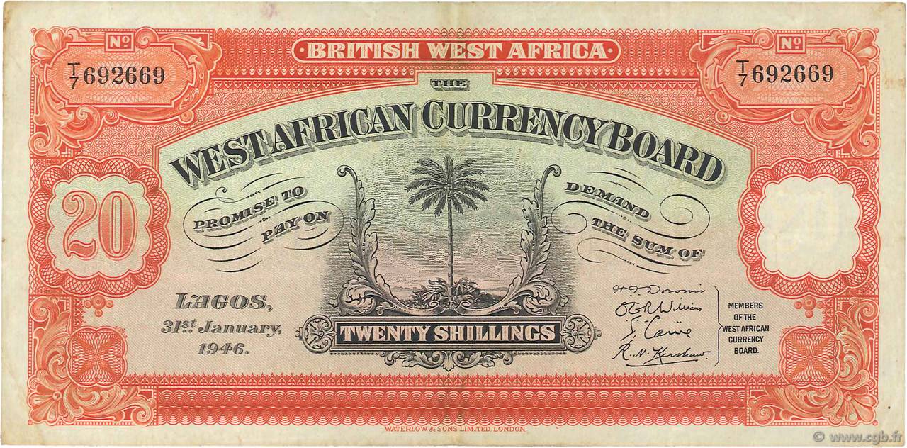20 Shillings AFRICA DI L OVEST BRITANNICA  1946 P.08b BB