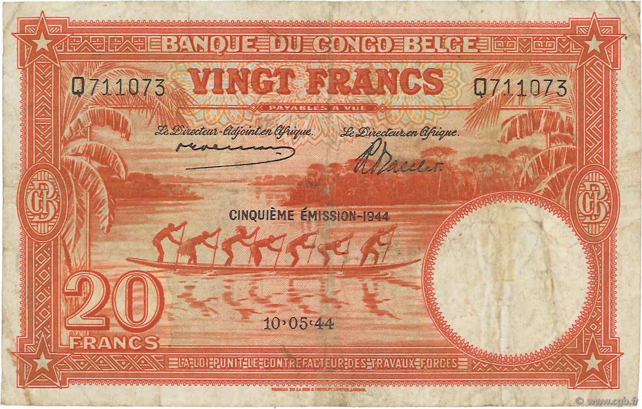 20 Francs BELGISCH-KONGO  1944 P.15D S