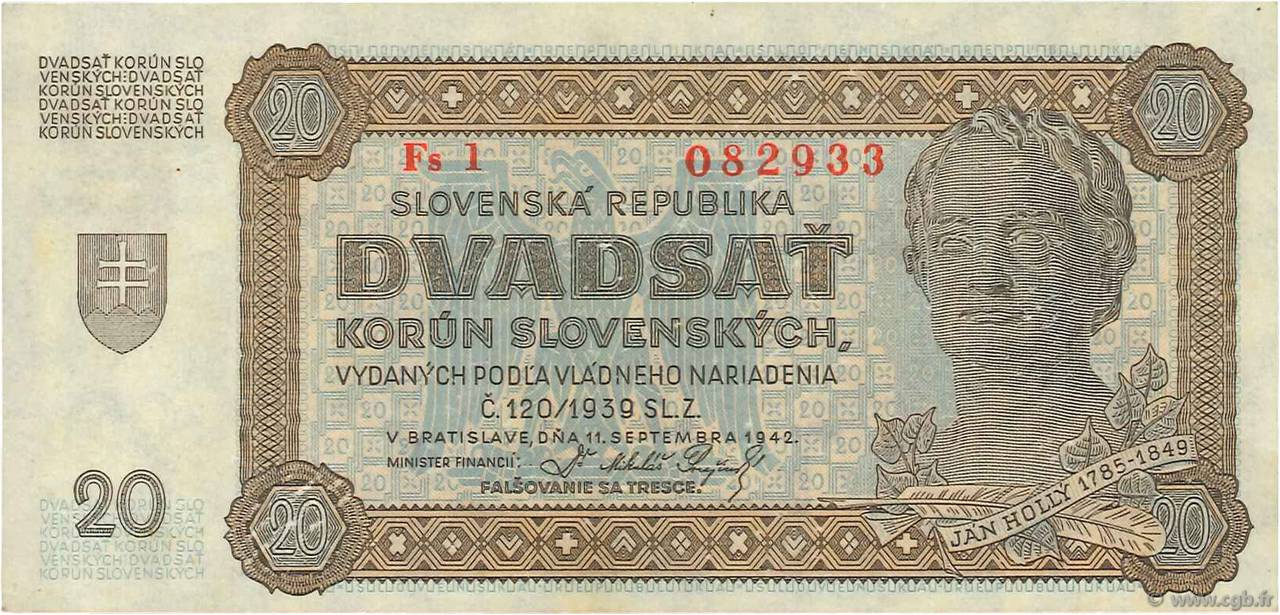 20 Korun SLOVAKIA  1942 P.07a AU