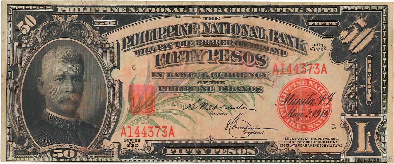 50 Pesos PHILIPPINES  1920 P.049 VF