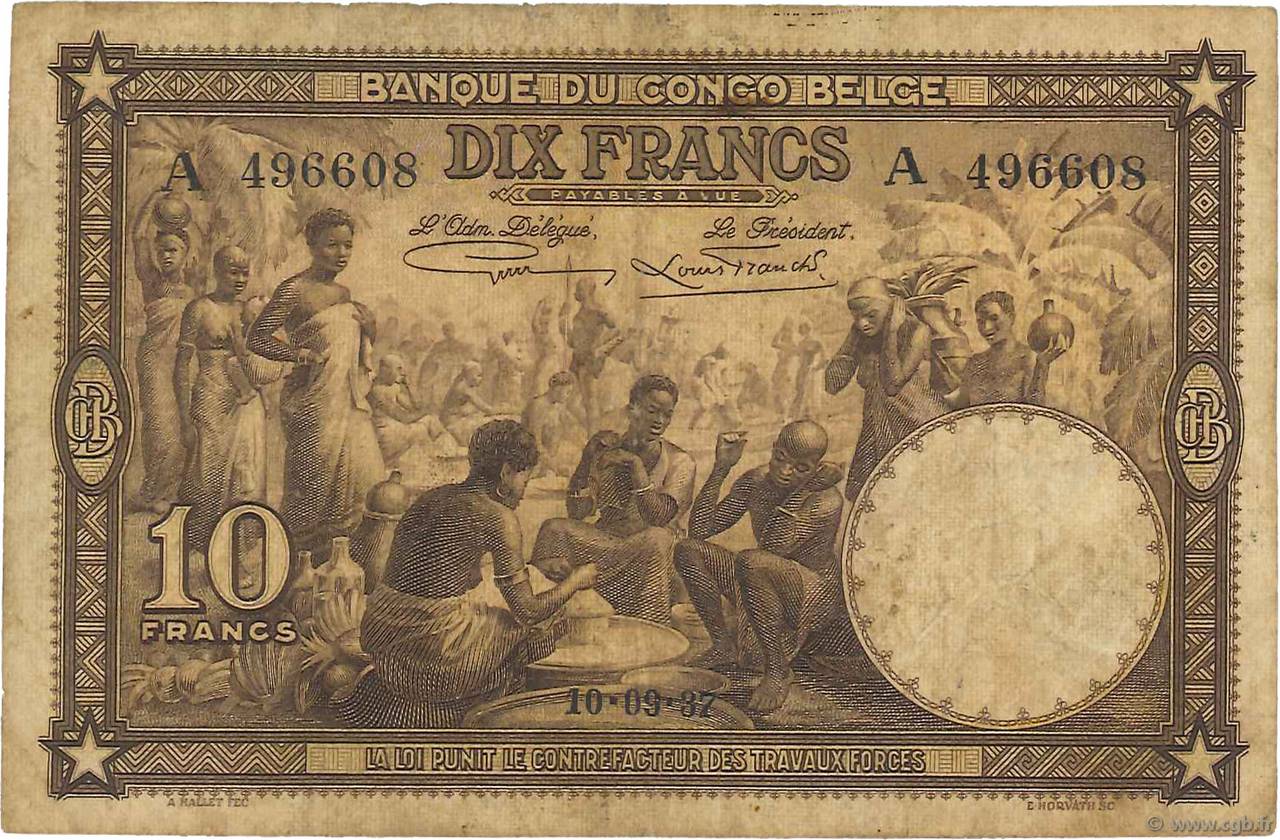 10 Francs BELGISCH-KONGO  1937 P.09 fS