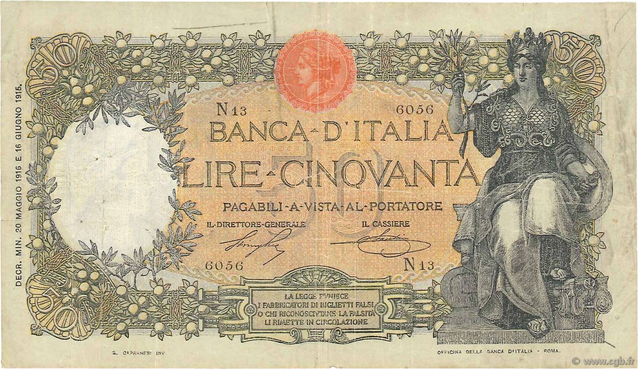 50 Lire ITALIEN  1916 P.043a fSS