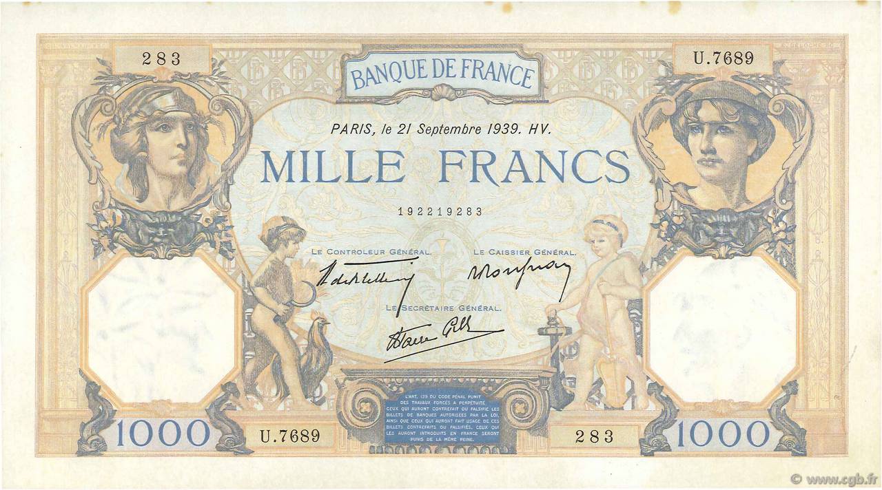 1000 Francs CÉRÈS ET MERCURE type modifié FRANKREICH  1939 F.38.37 VZ+ to fST