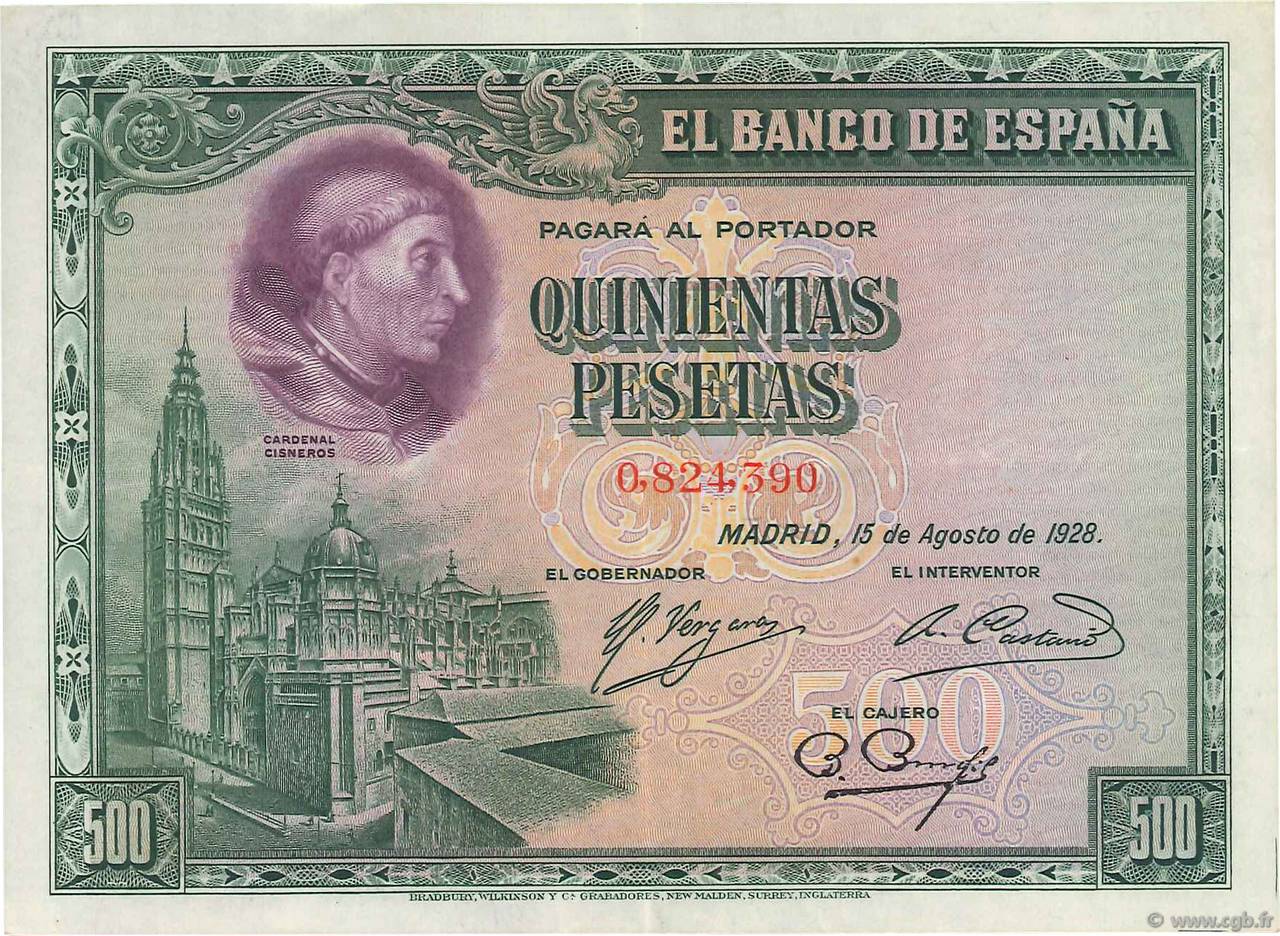 500 Pesetas SPAIN  1928 P.077a XF