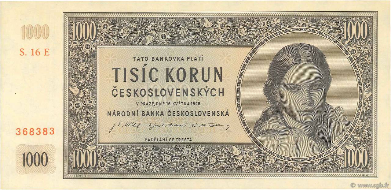 1000 Korun CZECHOSLOVAKIA  1945 P.074d AU+