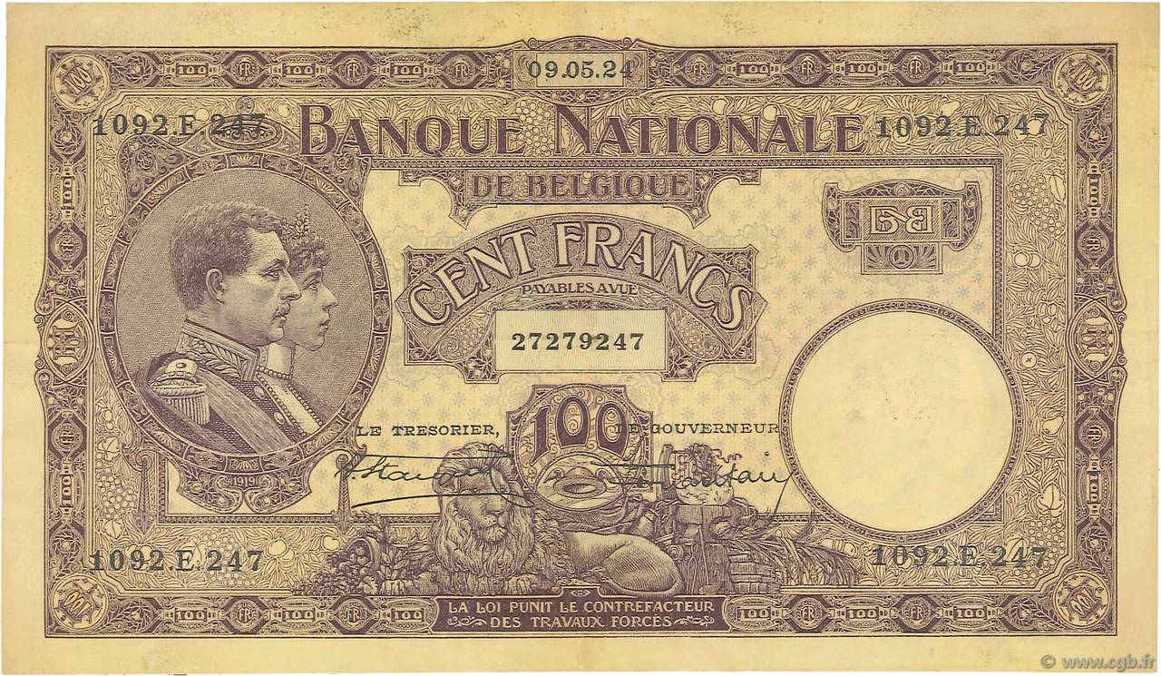 100 Francs BELGIEN  1924 P.095 fVZ