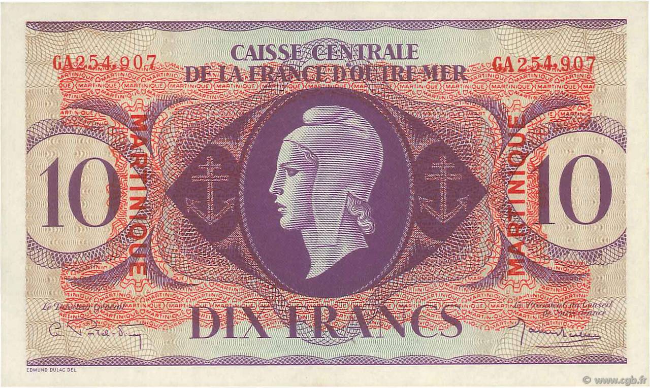 10 Francs MARTINIQUE  1944 P.23 AU