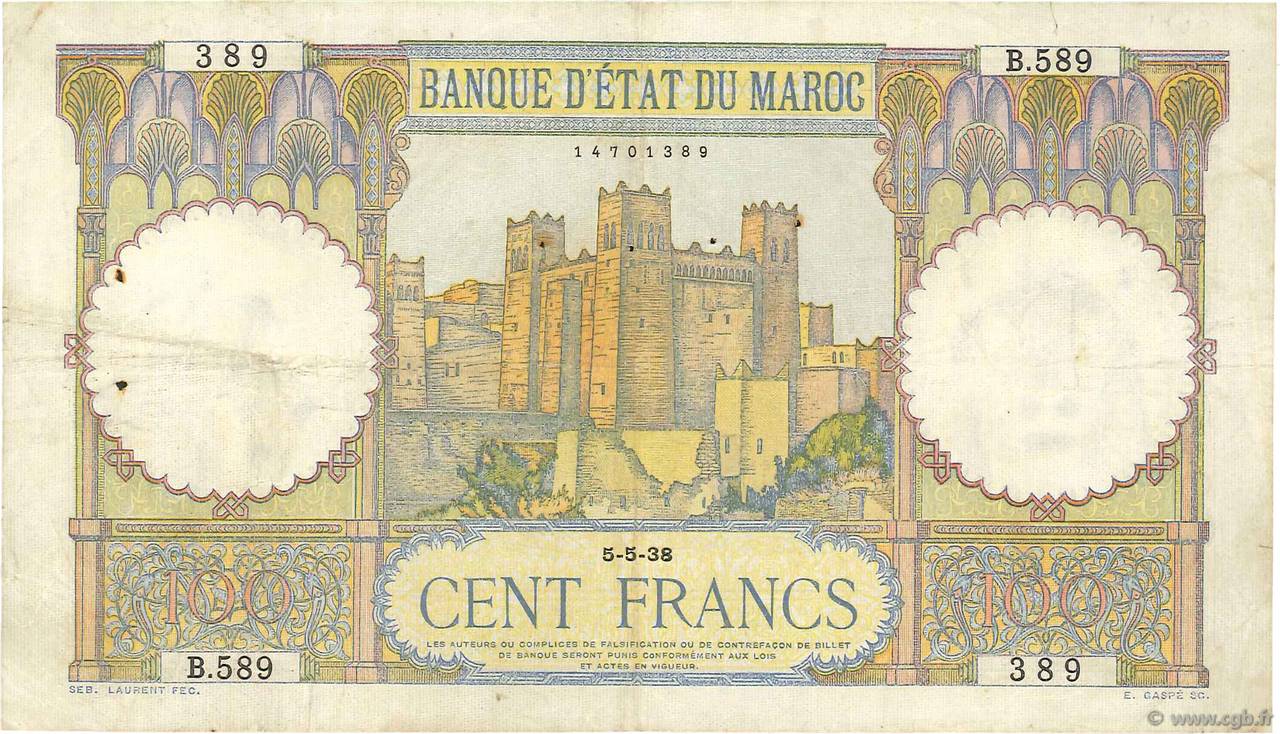 100 Francs MAROKKO  1938 P.20 fSS