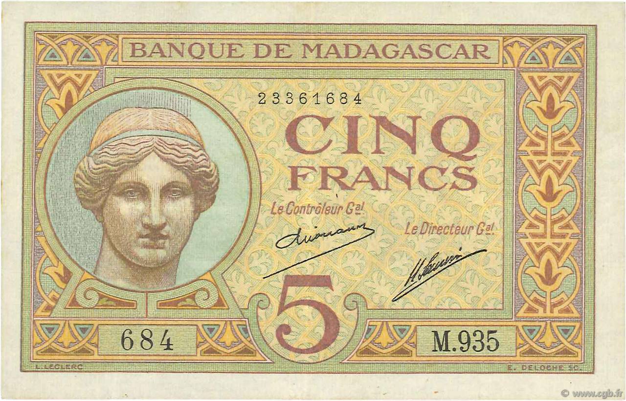 5 Francs MADAGASCAR  1926 P.035 VF