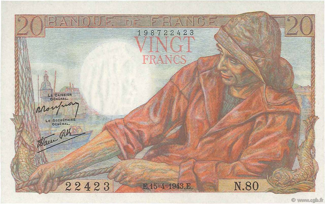 20 Francs PÊCHEUR FRANCIA  1943 F.13.06 SC+