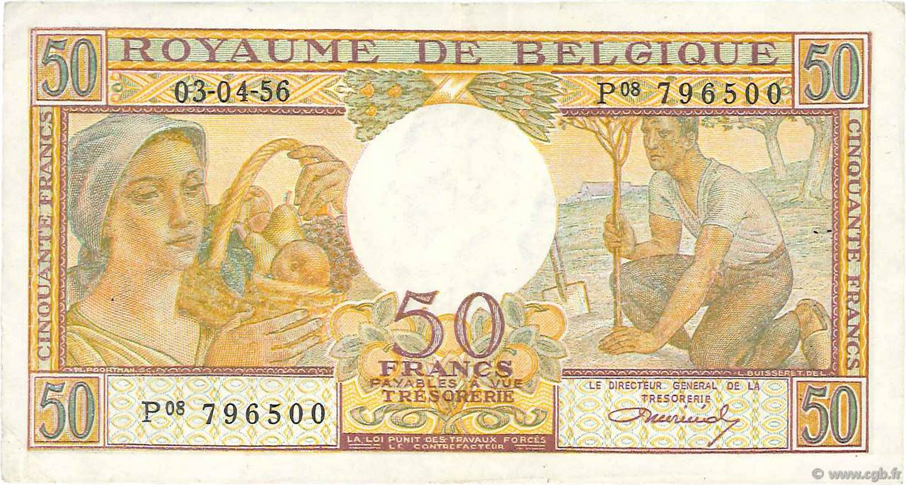 50 Francs BELGIUM  1956 P.133b VF