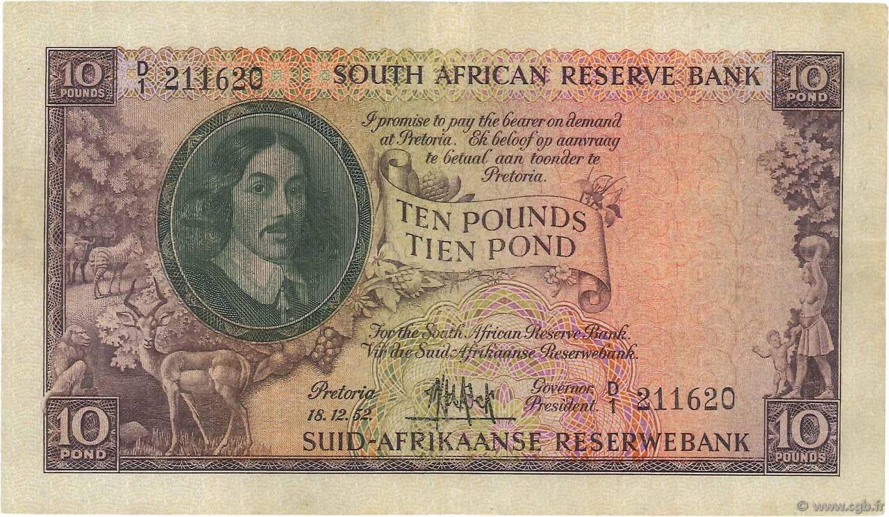 10 Pounds SUDAFRICA  1952 P.098 q.SPL