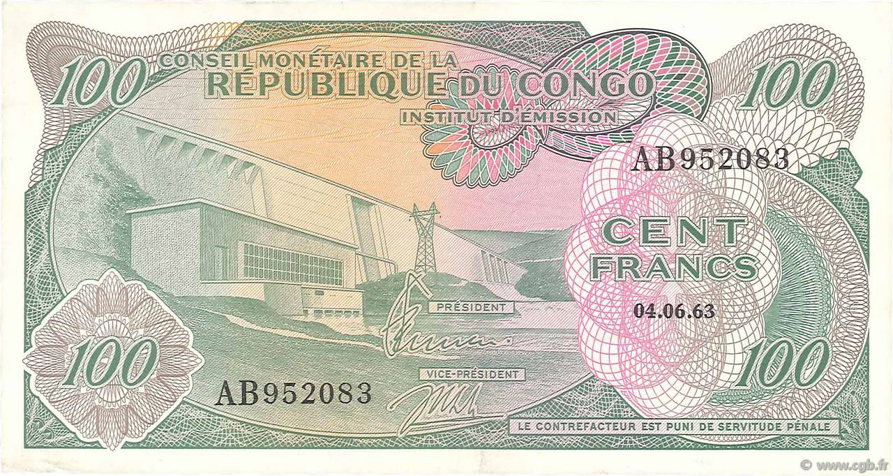 100 Francs REPúBLICA DEMOCRáTICA DEL CONGO  1963 P.001a EBC