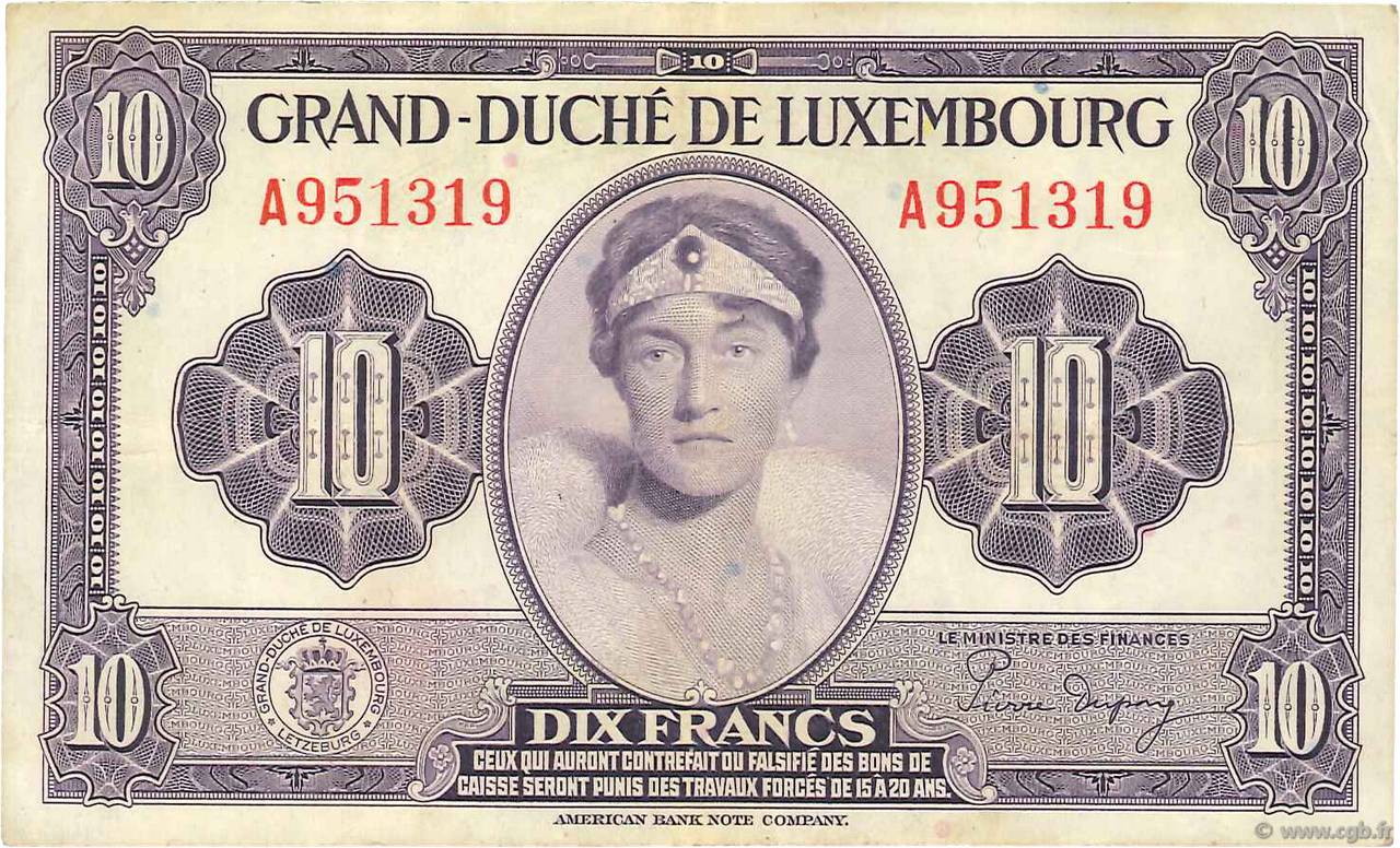10 Francs LUXEMBURGO  1944 P.44a MBC