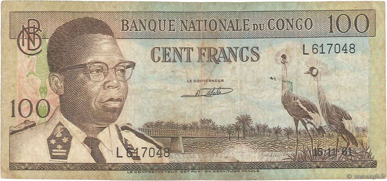 100 Francs REPUBBLICA DEMOCRATICA DEL CONGO  1961 P.006a MB