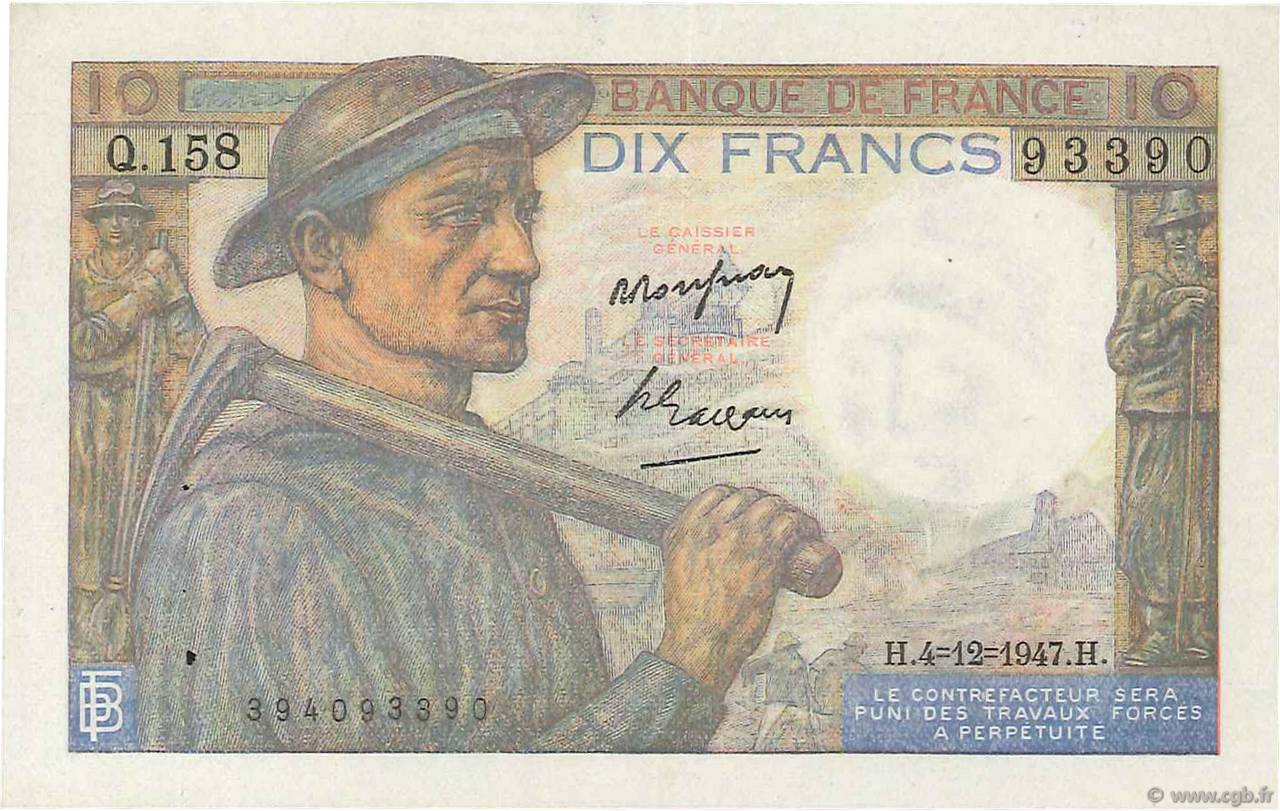 10 Francs MINEUR FRANKREICH  1947 F.08.19 VZ