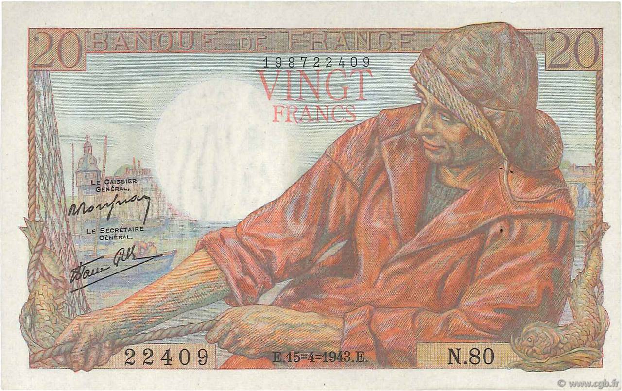20 Francs PÊCHEUR FRANKREICH  1943 F.13.06 VZ+