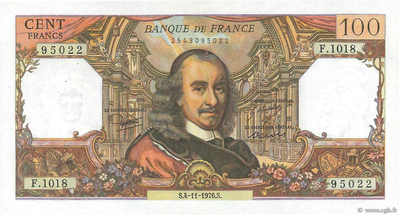 100 Francs CORNEILLE FRANCIA  1976 F.65.55 EBC a SC
