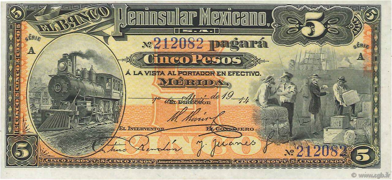 5 Pesos MEXICO Mérida 1914 PS.0465a FDC