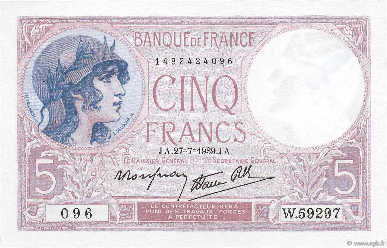 5 Francs FEMME CASQUÉE modifié FRANCIA  1939 F.04.03 SC