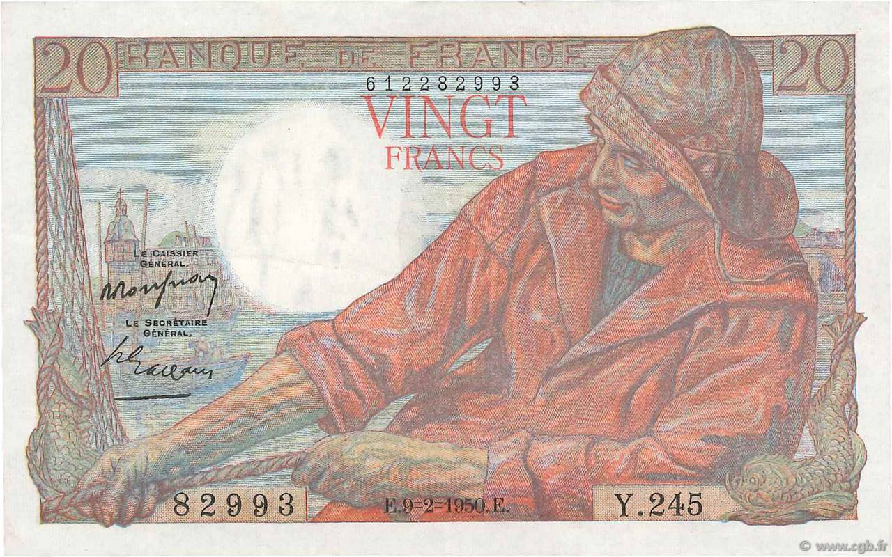 20 Francs PÊCHEUR FRANKREICH  1950 F.13.17 fVZ