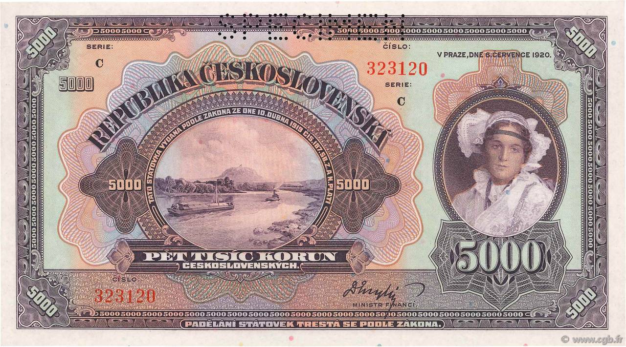 5000 Korun Spécimen CECOSLOVACCHIA  1920 P.019s FDC