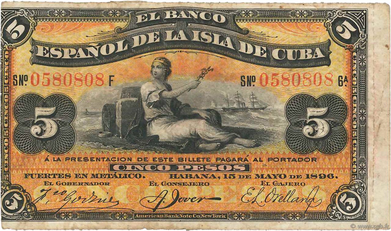 5 Pesos CUBA  1896 P.048b F