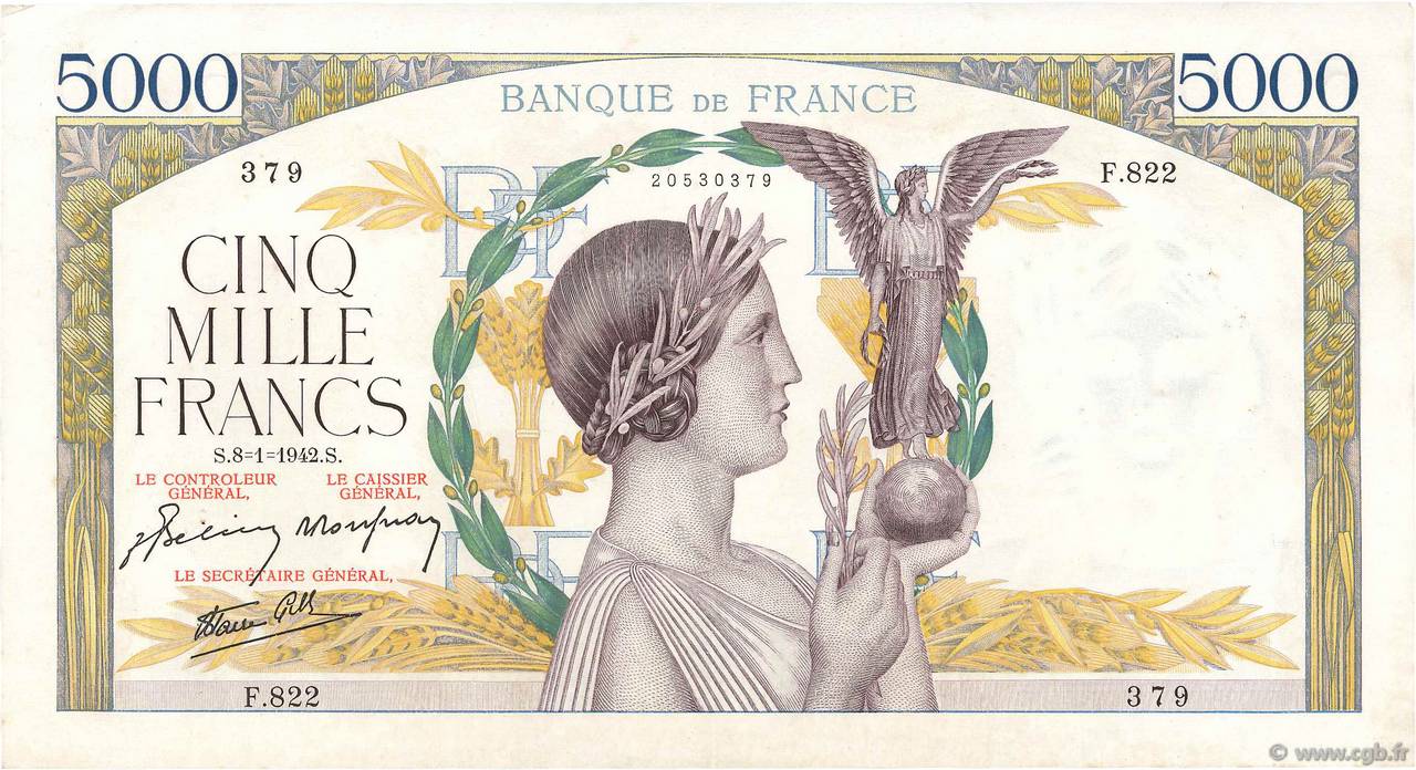 5000 Francs VICTOIRE Impression à plat FRANCE  1942 F.46.32 XF
