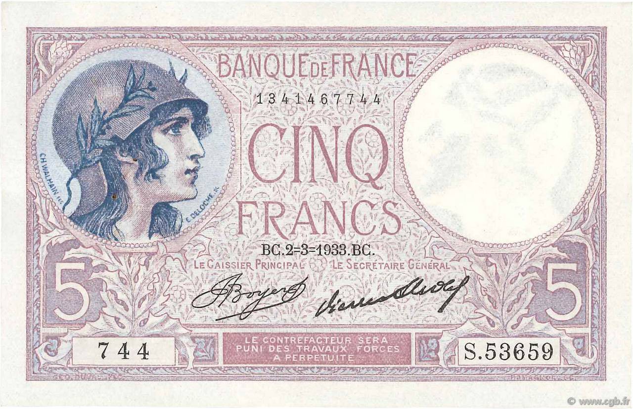 5 Francs FEMME CASQUÉE FRANCE  1933 F.03.17 pr.SPL