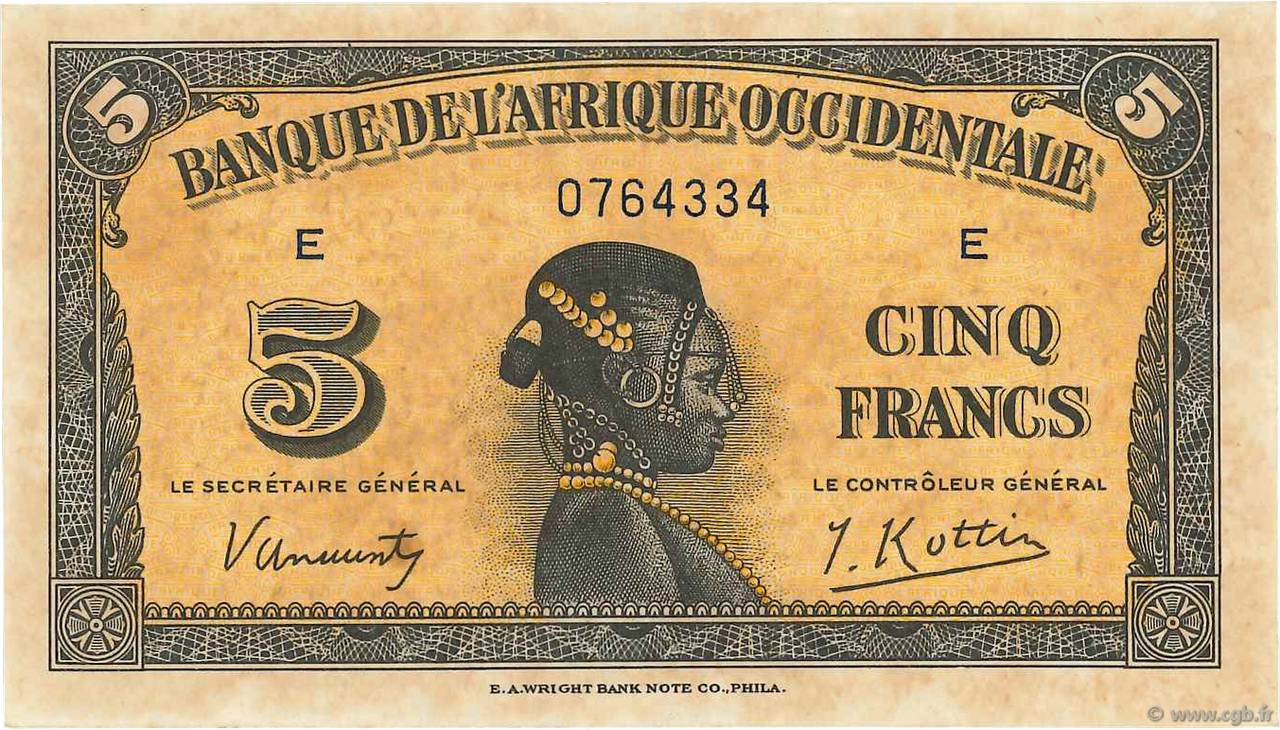 5 Francs FRENCH WEST AFRICA  1942 P.28a fST+