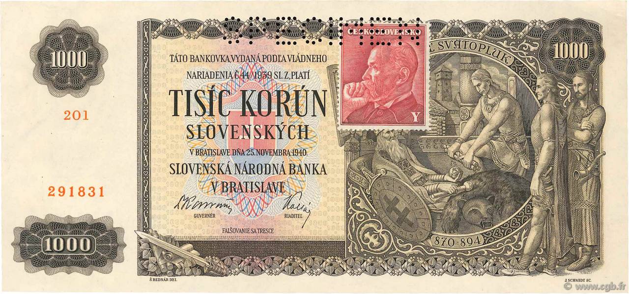 1000 Korun Spécimen TSCHECHOSLOWAKEI  1945 P.056s ST