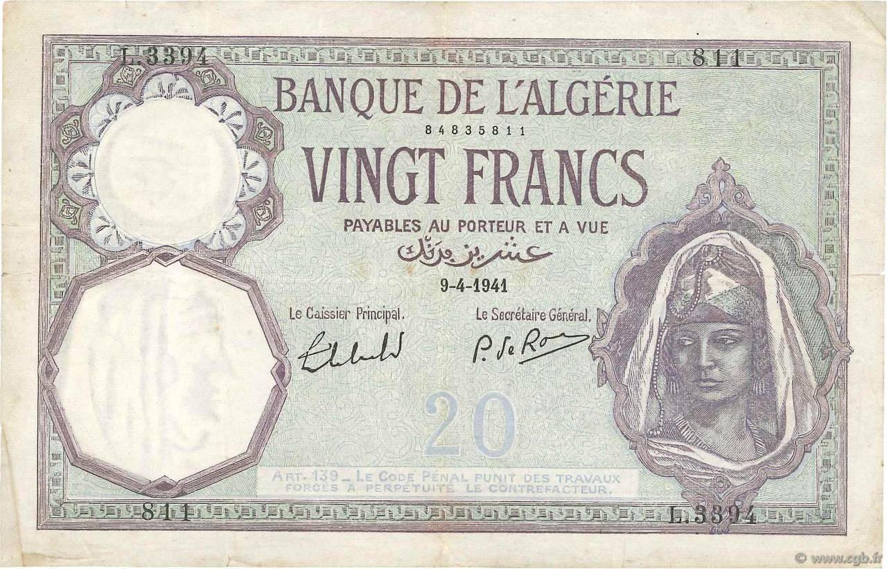 20 Francs ARGELIA  1941 P.078c MBC