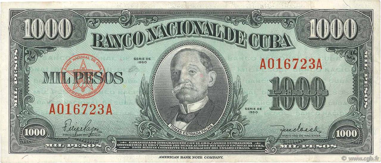 1000 Pesos CUBA  1950 P.084 VF