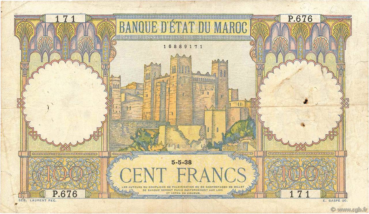 100 Francs MAROCCO  1938 P.20 MB