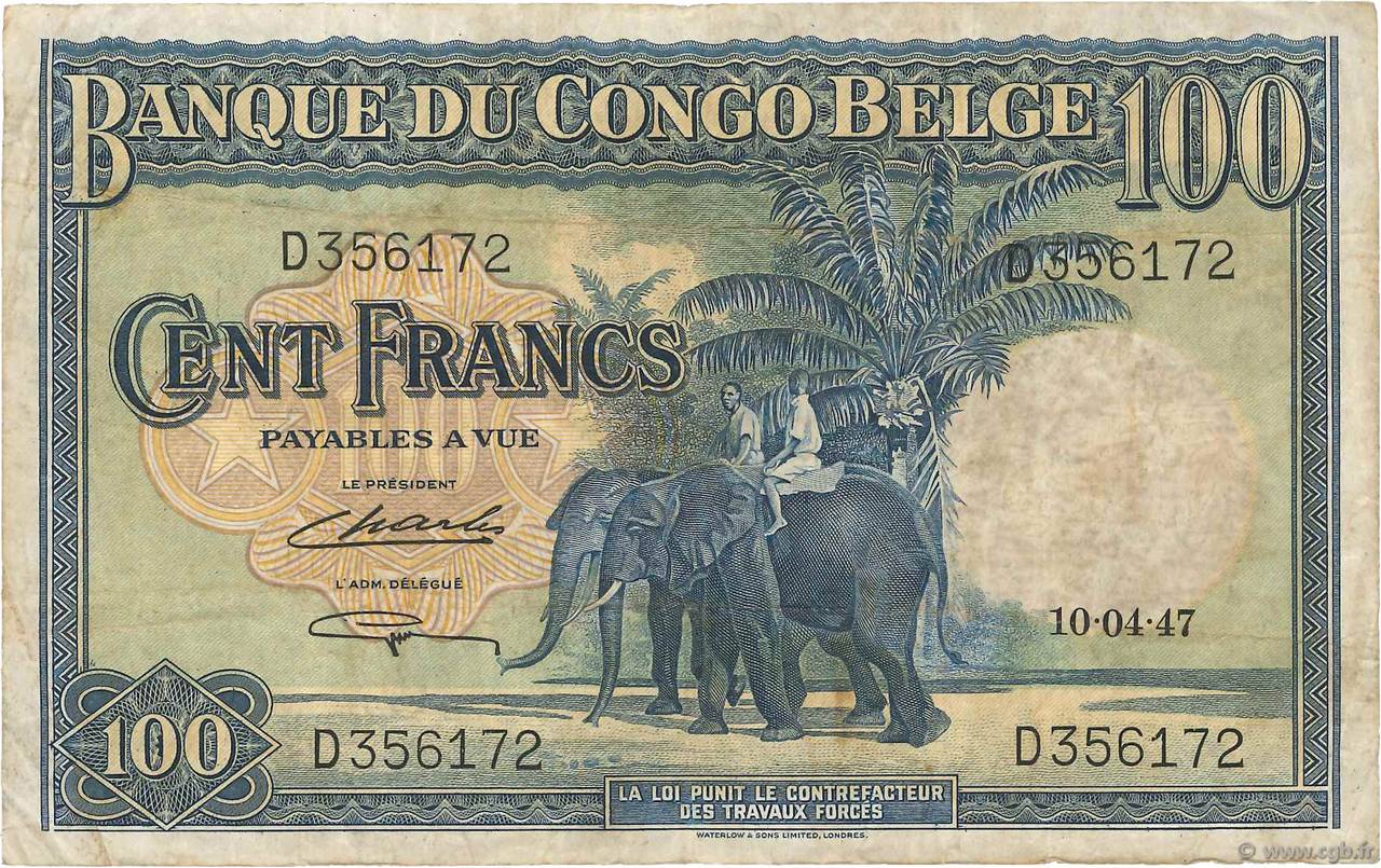 100 Francs BELGIAN CONGO  1947 P.17c F