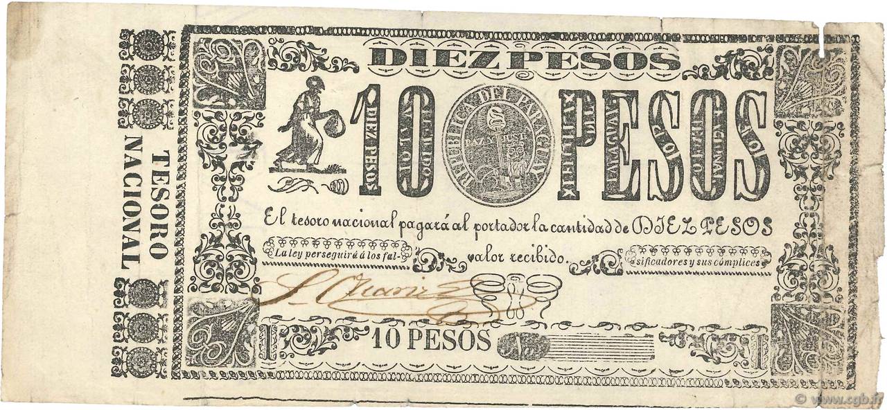 10 Pesos PARAGUAY  1865 P.030 VF
