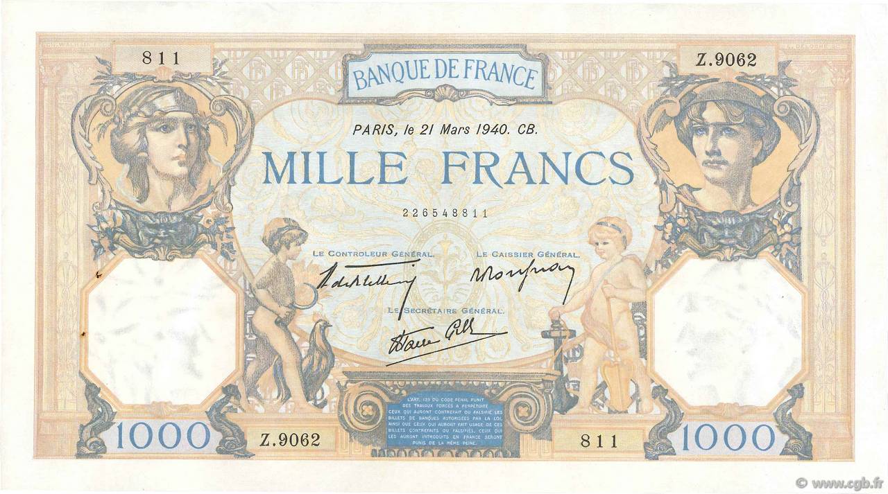 1000 Francs CÉRÈS ET MERCURE type modifié FRANCIA  1940 F.38.44 EBC+