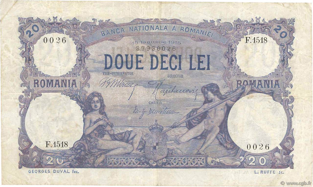 20 Lei ROMANIA  1915 P.020a VF