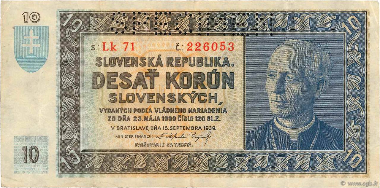10 Korun Spécimen SLOVAKIA  1939 P.04s VF