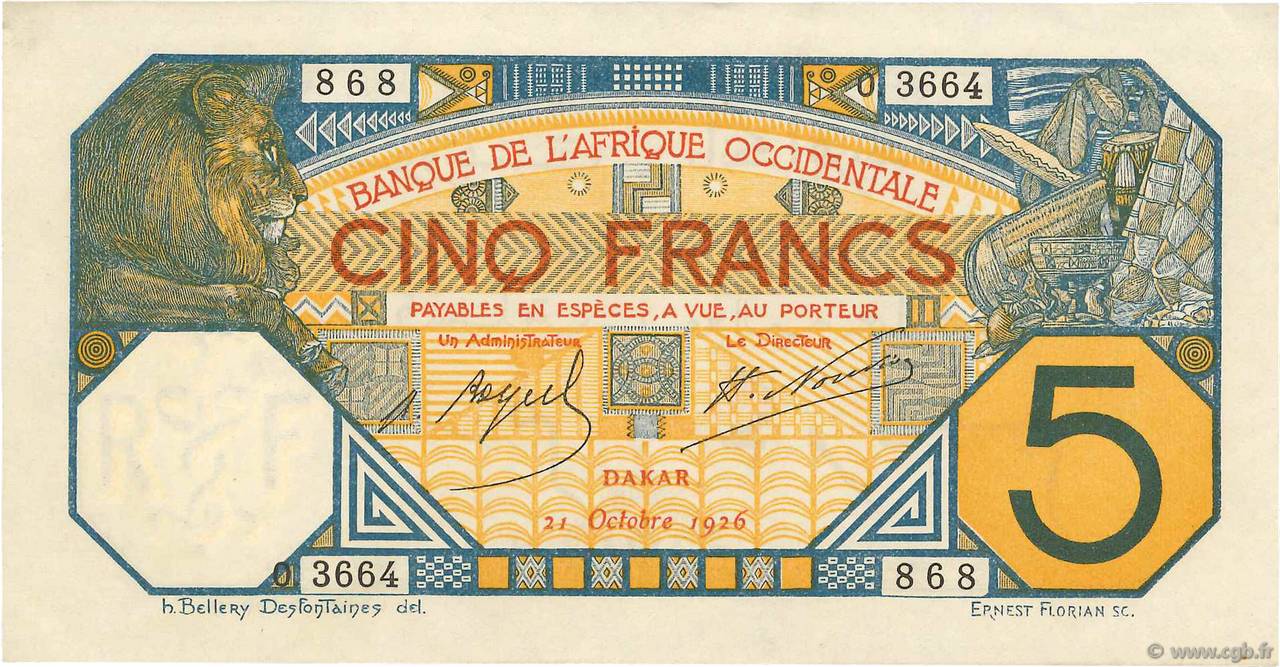 5 Francs DAKAR FRENCH WEST AFRICA Dakar 1926 P.05B var AU-