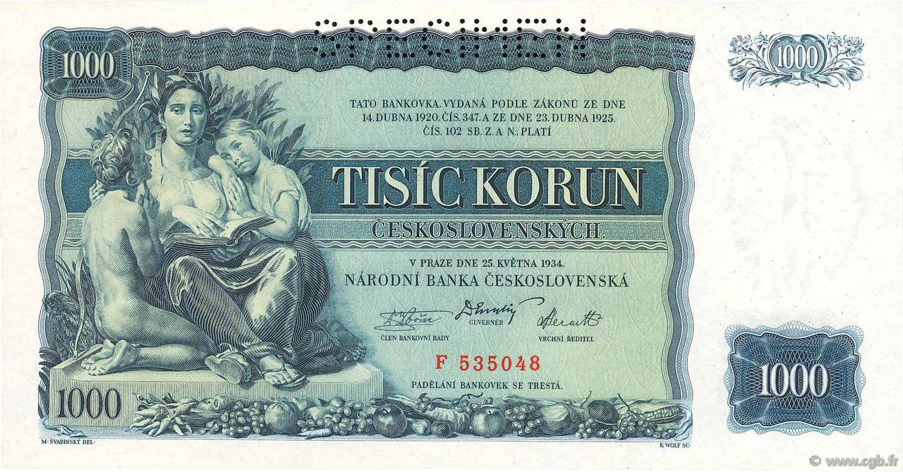 1000 Korun Spécimen CHECOSLOVAQUIA  1934 P.026s SC+