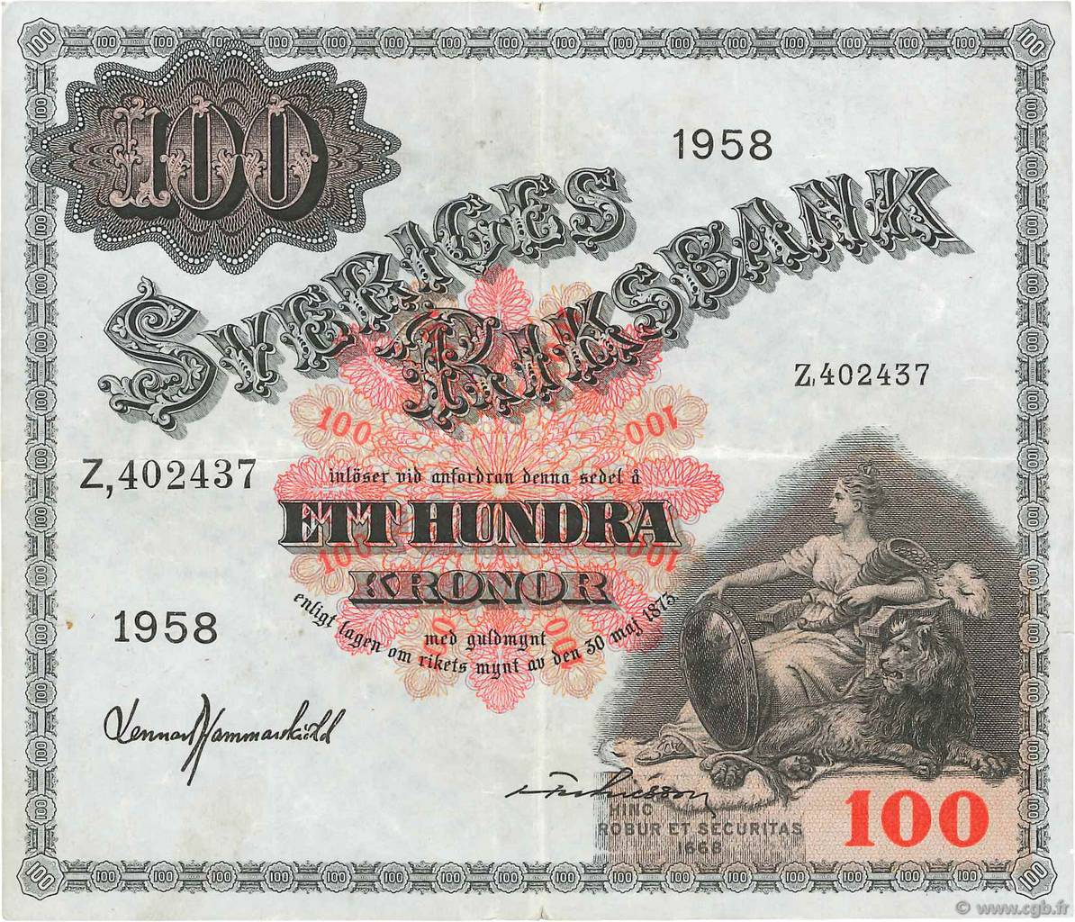 100 Kronor SUÈDE  1958 P.45d VF+