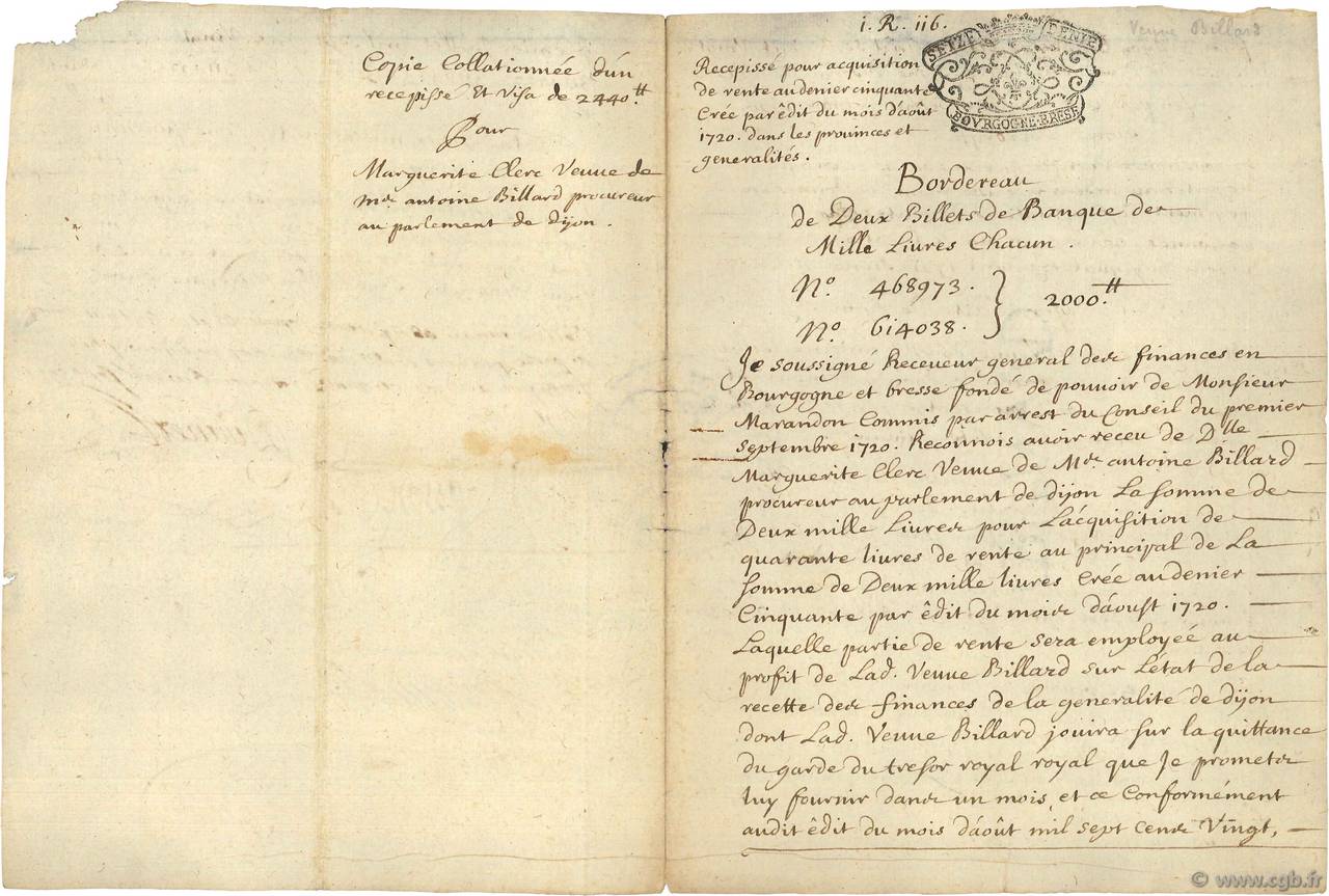 2000 Livres FRANCE régionalisme et divers Dijon 1720  TTB