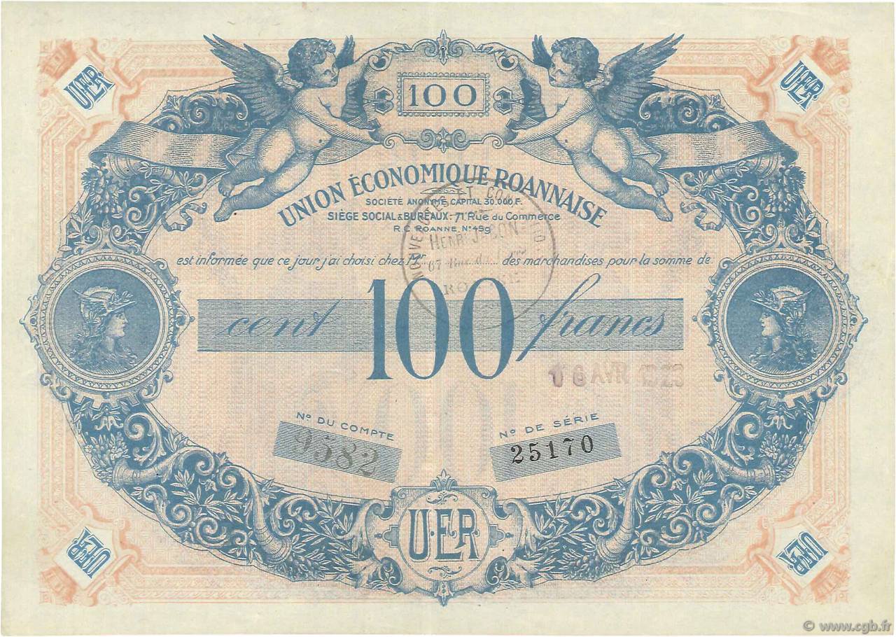 100 Francs FRANCE Regionalismus und verschiedenen Roanne 1935  VZ