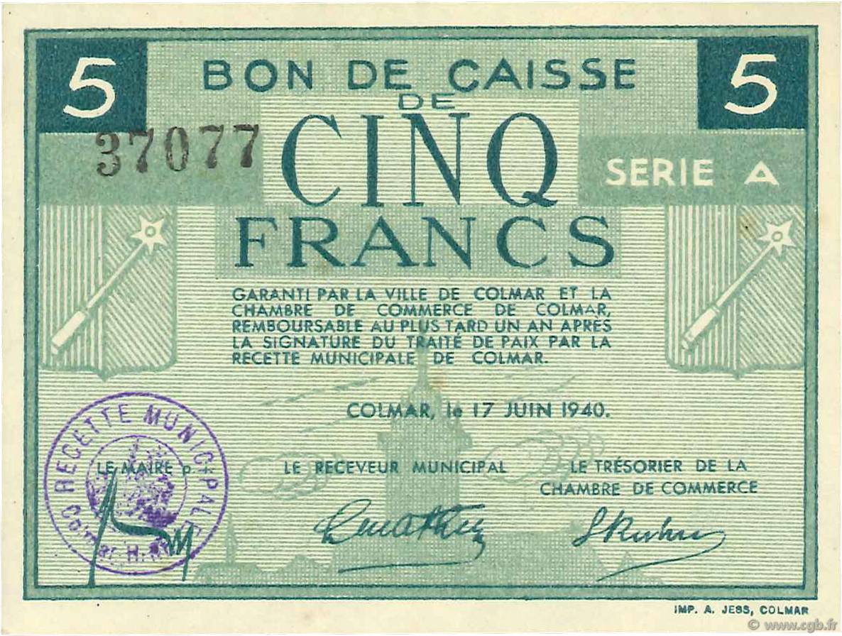 5 Francs FRANCE regionalismo y varios Colmar 1940 K.014 SC+