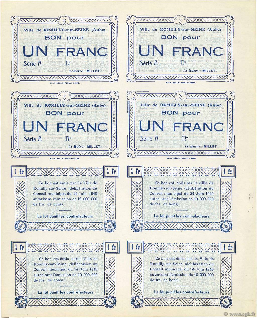 1 Franc Planche FRANCE régionalisme et divers Romilly-Sur-Seine 1940 K.100b pr.SPL