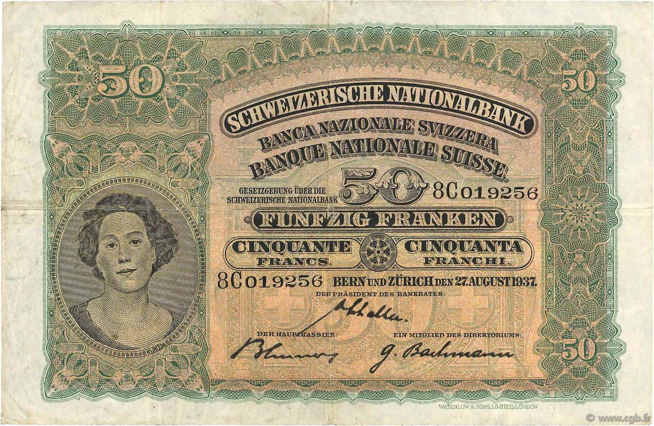 50 Francs SWITZERLAND  1937 P.34g F+