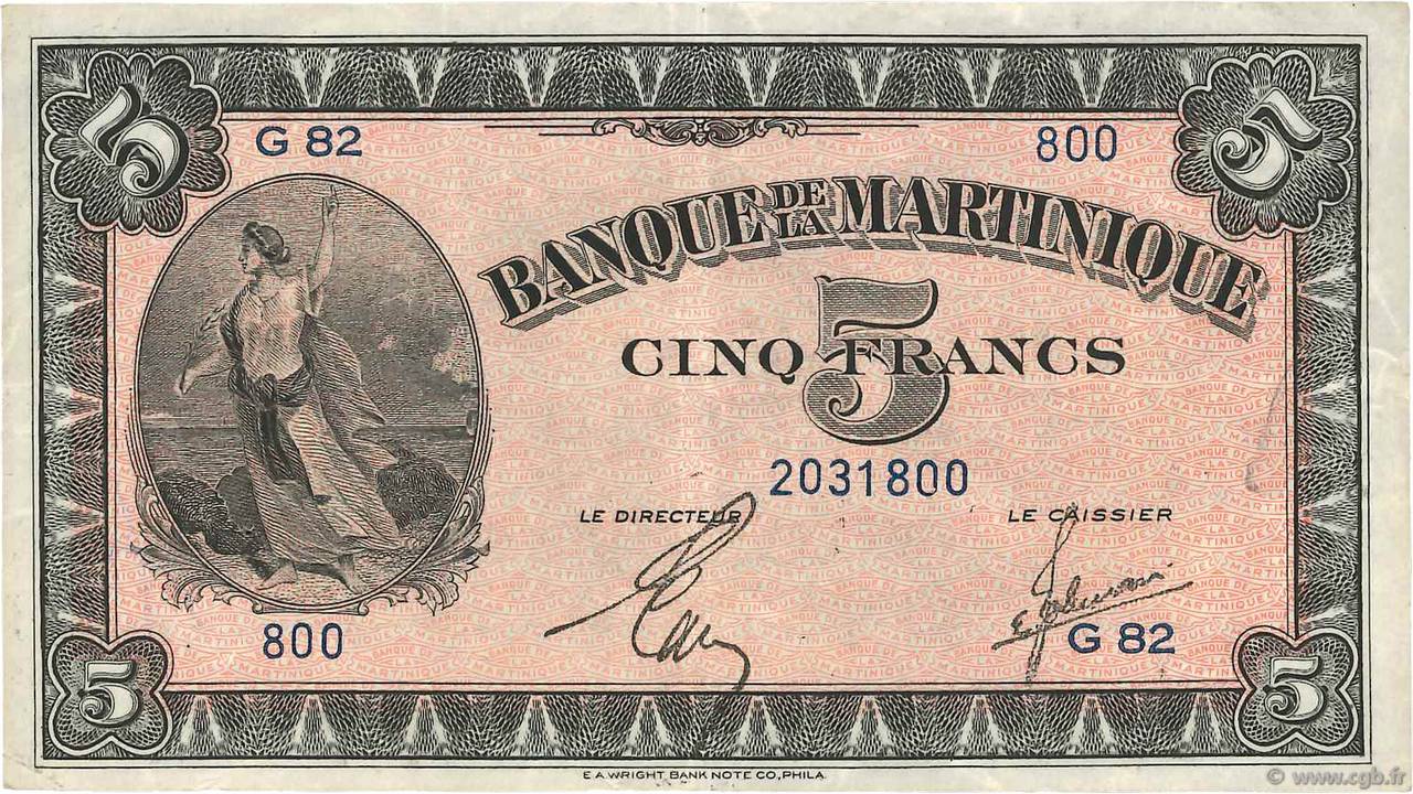 5 Francs MARTINIQUE  1942 P.16b BB