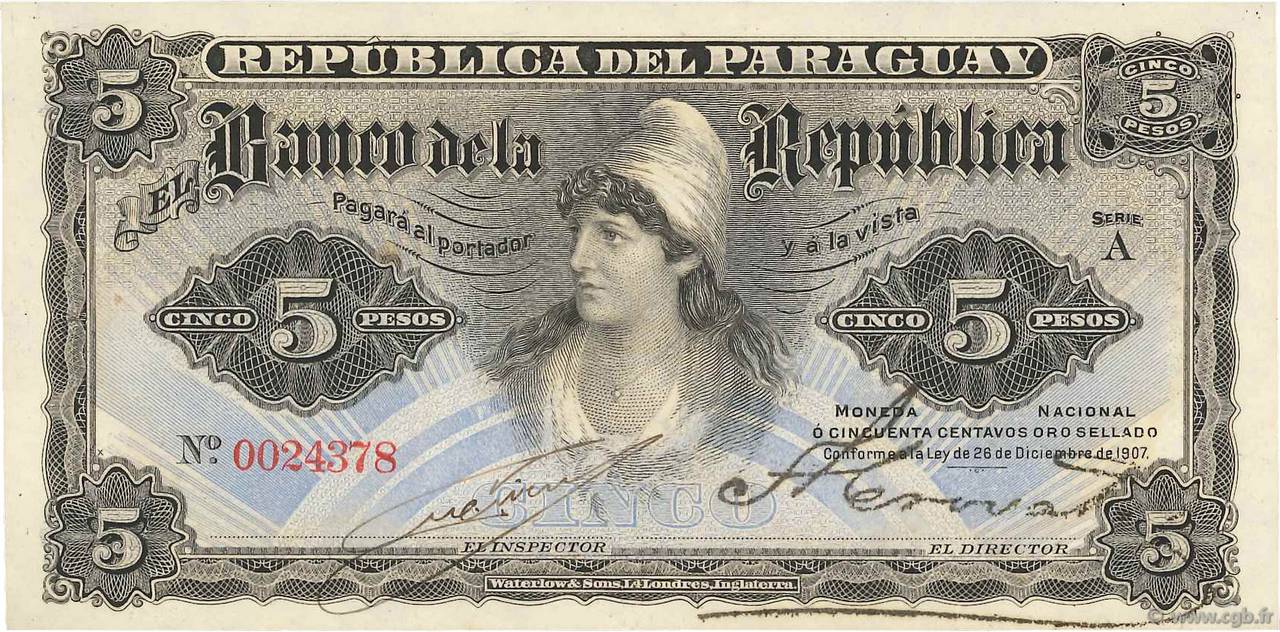 5 Pesos PARAGUAY  1907 P.156 UNC